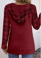 Plaid Pocket Wine Red Long Sleeve Hoodie