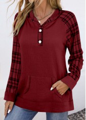 Plaid Pocket Wine Red Long Sleeve Hoodie