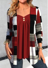 Geometric Print Wine Red Fake Two Piece Twinset