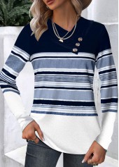 Plus Size Navy Patchwork Striped Long Sleeve T Shirt