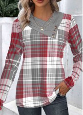 Plaid Patchwork Wine Red Long Sleeve Asymmetrical Neck Sweatshirt