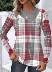 Plaid Patchwork Wine Red Long Sleeve Asymmetrical Neck Sweatshirt