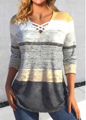 Striped Criss Cross Grey Long Sleeve T Shirt
