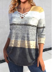 Striped Criss Cross Grey Long Sleeve T Shirt