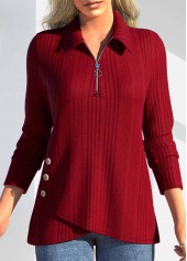 Zipper Red Long Sleeve Polo Collar T Shirt