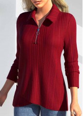 Zipper Red Long Sleeve Polo Collar T Shirt