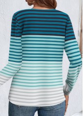 Striped Patchwork Green Long Sleeve Split Neck T Shirt