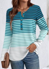 Striped Patchwork Green Long Sleeve Split Neck T Shirt