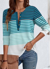Striped Patchwork Green Long Sleeve Split Neck T Shirt