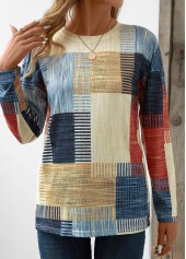 Geometric Print Patchwork Beige Long Sleeve T Shirt