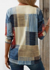 Geometric Print Patchwork Beige Long Sleeve T Shirt