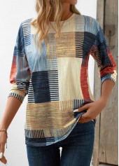 Geometric Print Patchwork Beige Long Sleeve T Shirt