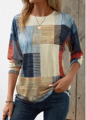 Geometric Print Patchwork Beige Long Sleeve T Shirt