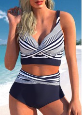 High Waisted Striped Surplice Navy Bikini Set