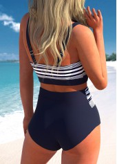 High Waisted Striped Surplice Navy Bikini Set