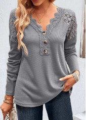 Patchwork Grey Long Sleeve V Neck T Shirt