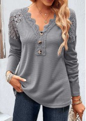 Patchwork Grey Long Sleeve V Neck T Shirt