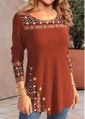 Tribal Print Patchwork Brick Red Long Sleeve T Shirt