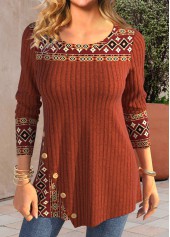 Tribal Print Patchwork Brick Red Long Sleeve T Shirt
