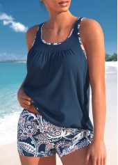 Mid Waisted Paisley Print Bowknot Navy Tankini Set