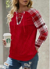 Plaid Lace Up Red Long Sleeve Split Neck Sweatshirt