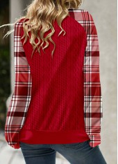 Plaid Lace Up Red Long Sleeve Split Neck Sweatshirt