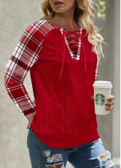 Plaid Lace Up Red Long Sleeve Split Neck Sweatshirt