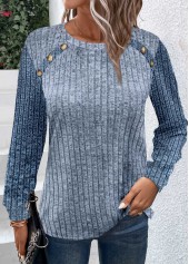 Patchwork Dusty Blue Long Sleeve Round Neck Sweatshirt