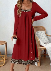 Leopard Button Wine Red A Line Dress