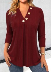 Button Wine Red Long Sleeve V Neck T Shirt