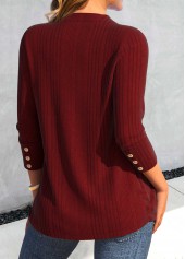Button Wine Red Long Sleeve V Neck T Shirt