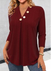 Button Wine Red Long Sleeve V Neck T Shirt