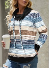 Plus Size Blue Drawstring Geometric Print Long Sleeve Sweatshirt