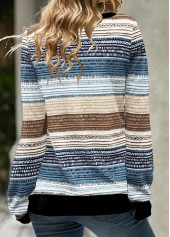 Plus Size Blue Drawstring Geometric Print Long Sleeve Sweatshirt