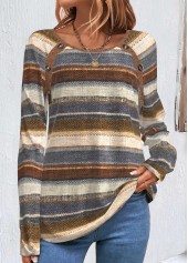 Striped Button Multi Color Long Sleeve Round Neck Sweatshirt