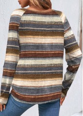 Striped Button Multi Color Long Sleeve Round Neck Sweatshirt