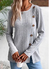 Button Light Grey Marl Long Sleeve T Shirt