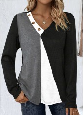 Patchwork Black Long Sleeve V Neck T Shirt