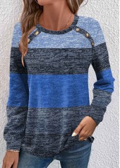 Striped Button Blue Long Sleeve Round Neck T Shirt