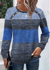 Striped Button Blue Long Sleeve Round Neck T Shirt