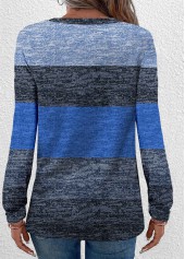 Striped Button Blue Long Sleeve Round Neck T Shirt