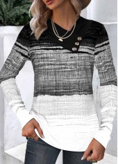 Ombre Button Black Long Sleeve Asymmetrical Neck Sweatshirt