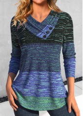 Striped Button Cyan Long Sleeve V Neck T Shirt