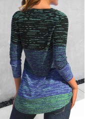 Striped Button Cyan Long Sleeve V Neck T Shirt