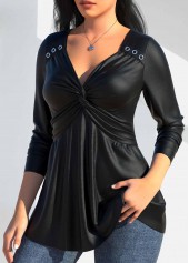 PU Eyelet Black Long Sleeve Heart Collar T Shirt