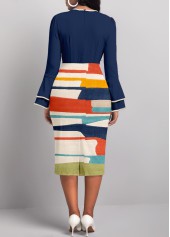 Graffiti Print Patchwork Navy Long Sleeve Bodycon Dress