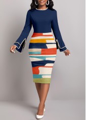 Graffiti Print Patchwork Navy Long Sleeve Bodycon Dress