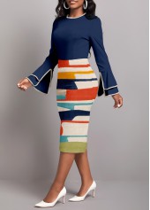 Graffiti Print Patchwork Navy Long Sleeve Bodycon Dress