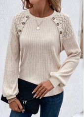 Button Beige Long Sleeve Round Neck T Shirt