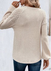 Button Beige Long Sleeve Round Neck T Shirt
